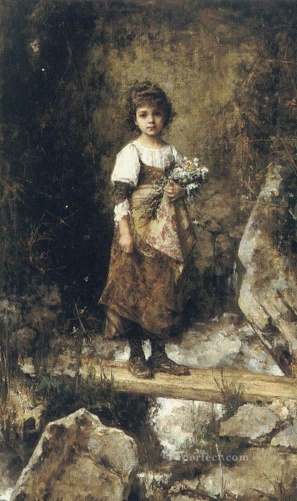 歩道橋の上の農民の少女の肖像画 アレクセイ・ハルラモフ油絵